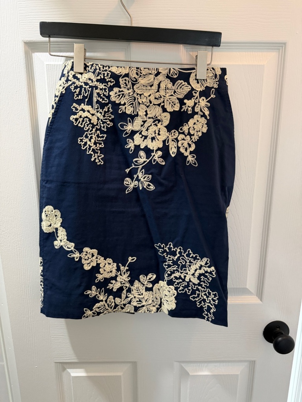 J. Crew Factory Navy Pencil Skirt with Cream Floral Embroidery